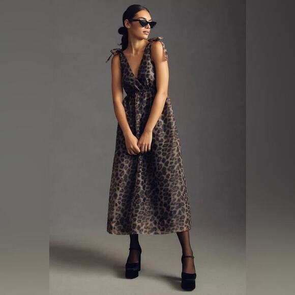 Anthropologie Dresses & Skirts - Anthro Daniel Rainn Organza Midi Dress Sleeveless V-Neck Brown Black Size Medium